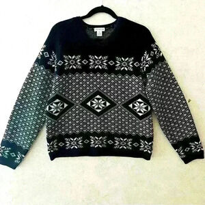 ANN TAYLOR M BLACK AND WHITE PRINTED WOOL V-NECK WINTER‎ WARM COZY HEAVY SWEATER